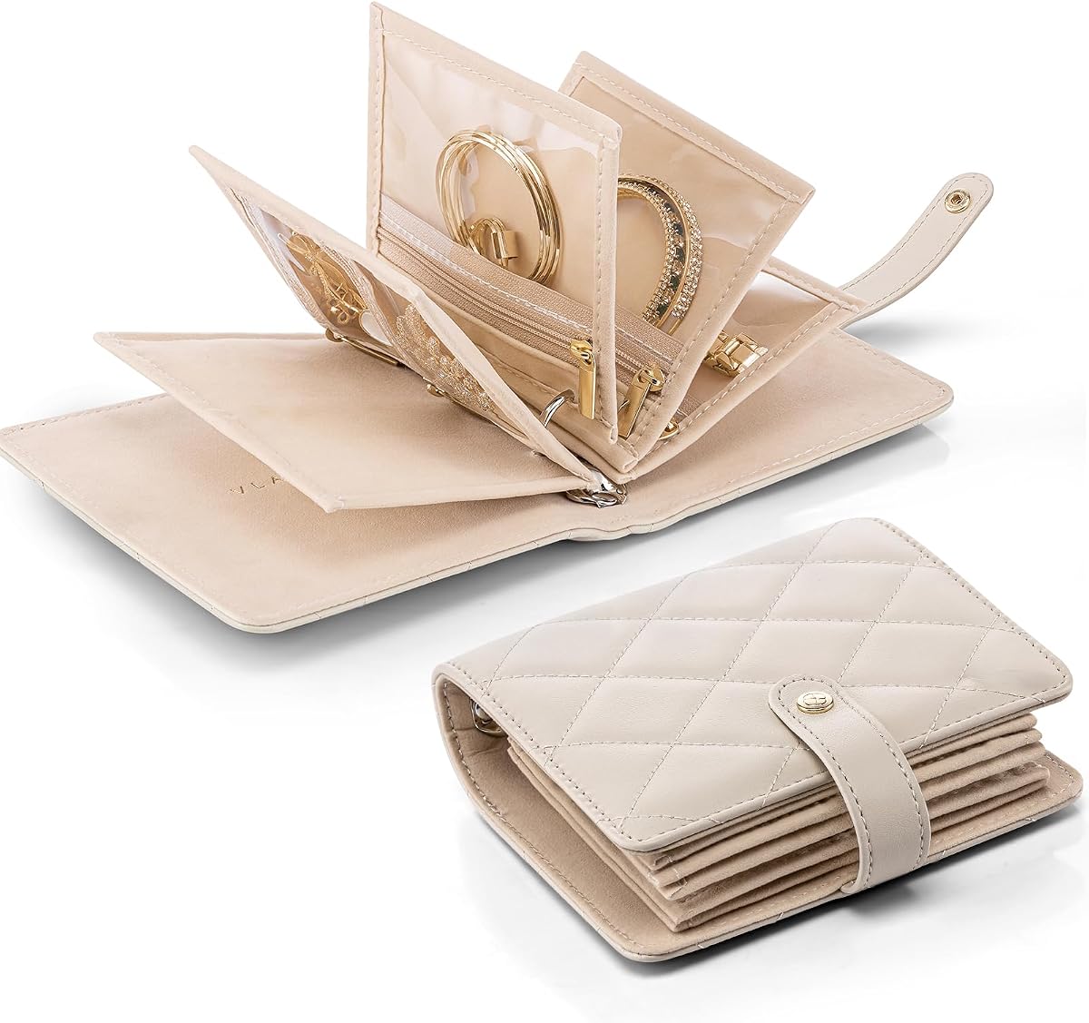 Small Travel Jewelry Case with Velvet Clear Pouches,Cream White | Metal Ring Binder,Zippered Inner Pouches,Rings,Earrings,Bracelets Storage for Weekend Trip Women,Girls,Birthday Gift
