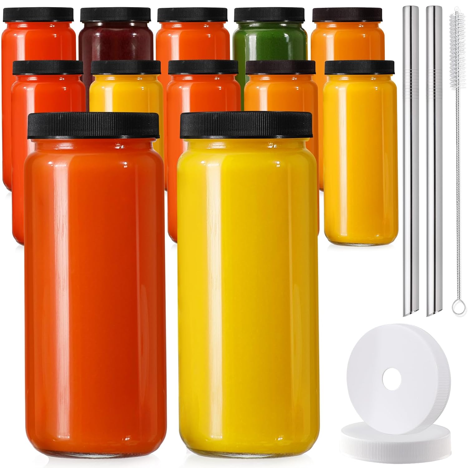 AOZITA 12 Pack, 16 OZ Glass Juice Bottles with Lids + 8 Pack, 2 oz Small Clear Glass Bottles