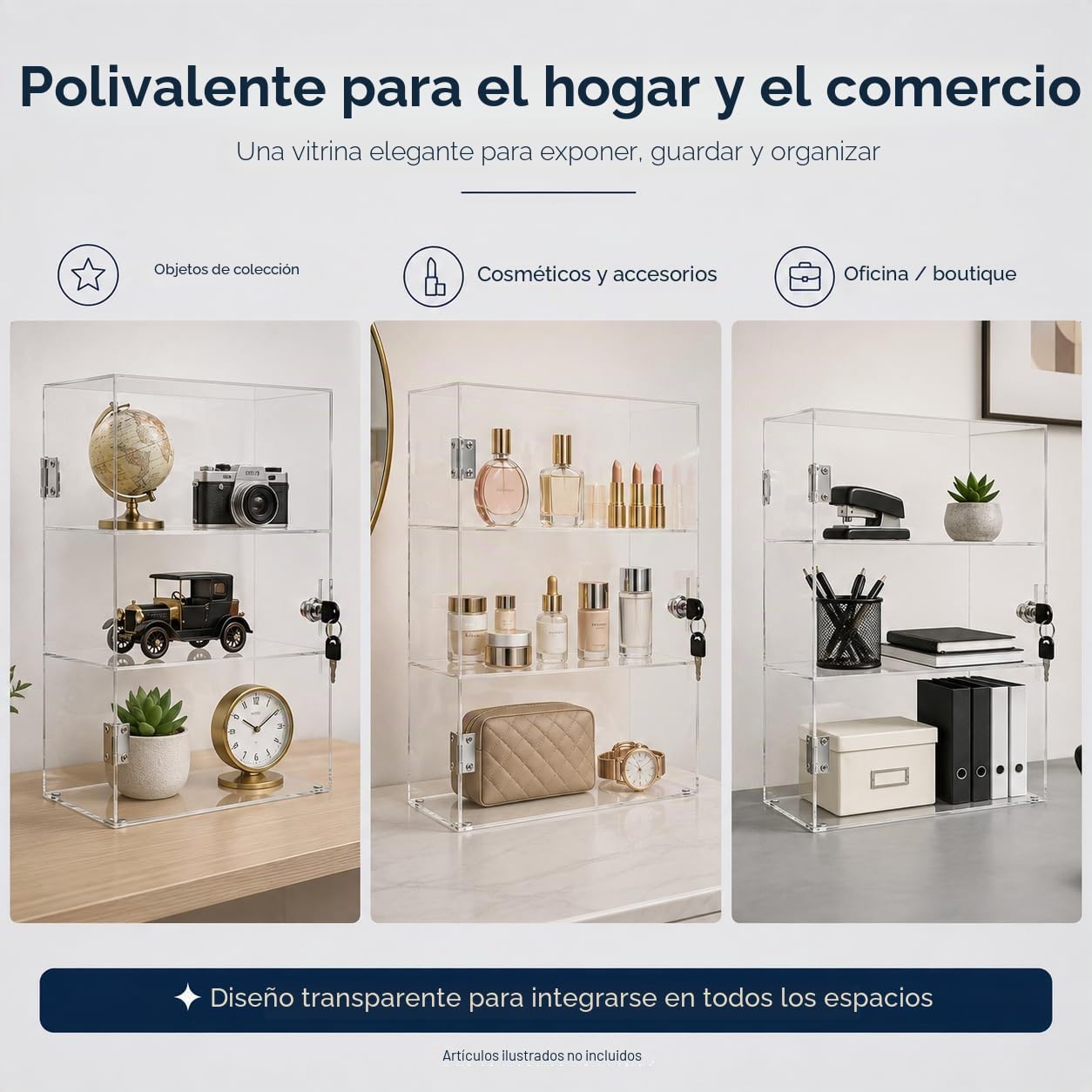 Vetrina con cierre de acrílico transparente de 3 niveles, con cerradura, expositor para casa, oficina, tienda, exposición, objetos de colección