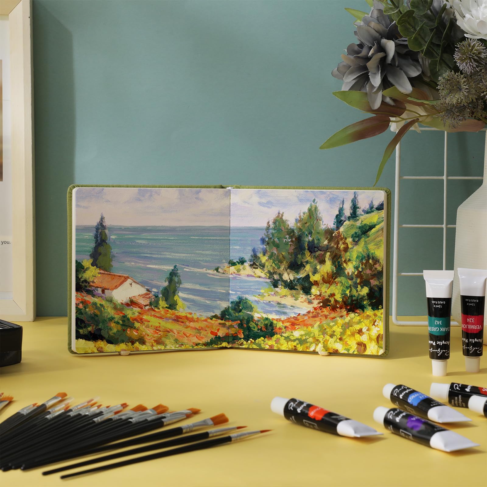 Dispowreath 5.5 x 5.5 in Watercolor Sketchbook Journal Square Watercolor Notebook Cold Press 140lb 300gsm Cotton Paper 48 Pages Journals Notebook Paper Pads(Christmas Green)