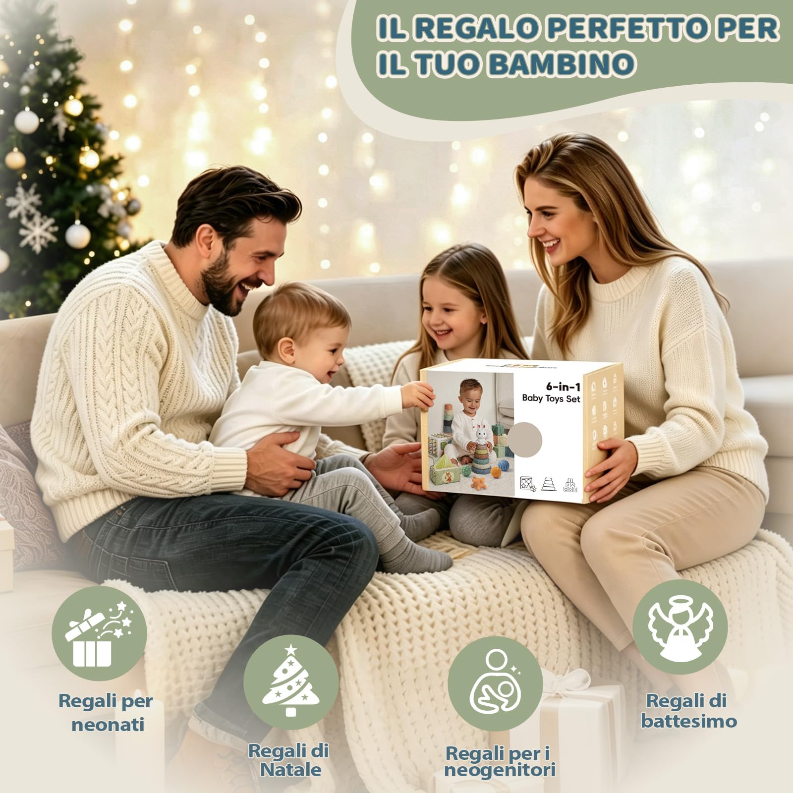 Anook Giochi Neonato 6-9-12 Mesi, 6 in 1 Giochi Montessori 6 Mesi | Giochi Sensoriali per Neonati con Giochi Impilabili ,Scatola di Fazzoletti,Cubi di Forme da Smistare,Regalo Neonato 6-12 Mesi