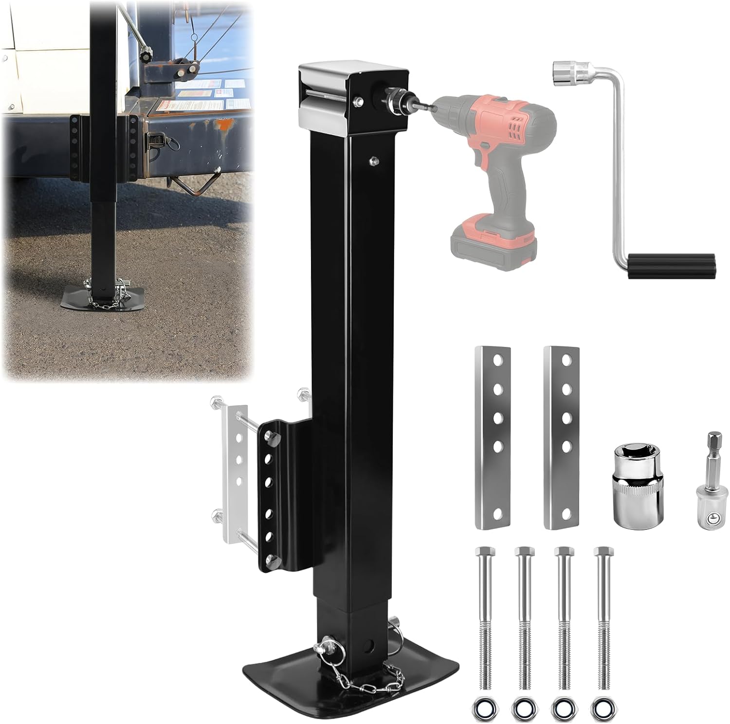 8000 lbs Heavy Duty Trailer Jack, 28.6" Lift, 20-24V Cordless Drill Compatible, Manual Crank Handle Included, for Utility, Yacht, RV, Boat Trailer Jack, Black