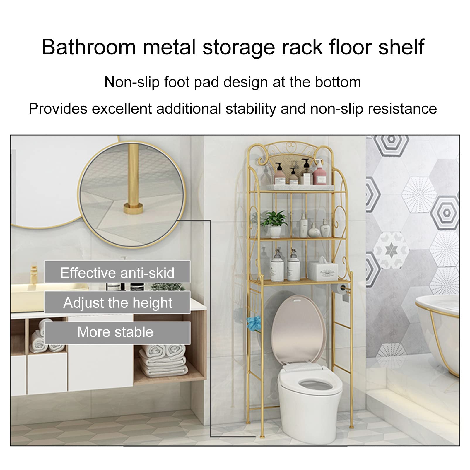 Aufbewahrungsregal über der Toilette, Multifunktionaler Badezimmer-Organizer Freistehender Toilettenständer, Metallregal mit Haken und Toilettenpapierregal