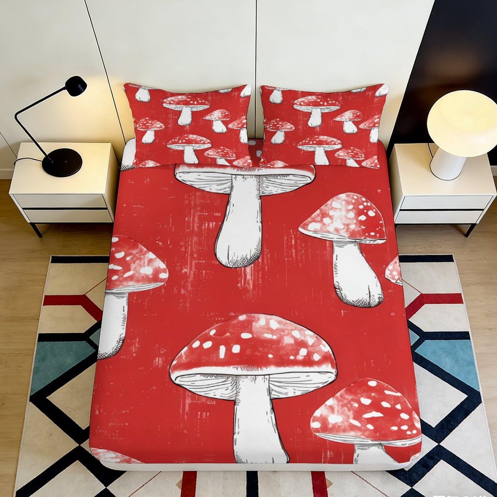 3D Printed Red Mushroom Fitted Sheet Microfiber Soft Breathable Toadstool Bed Cover with Non-Slip Mattress Cover for Bedroom Dormitory Guest Room 160x200x25cm