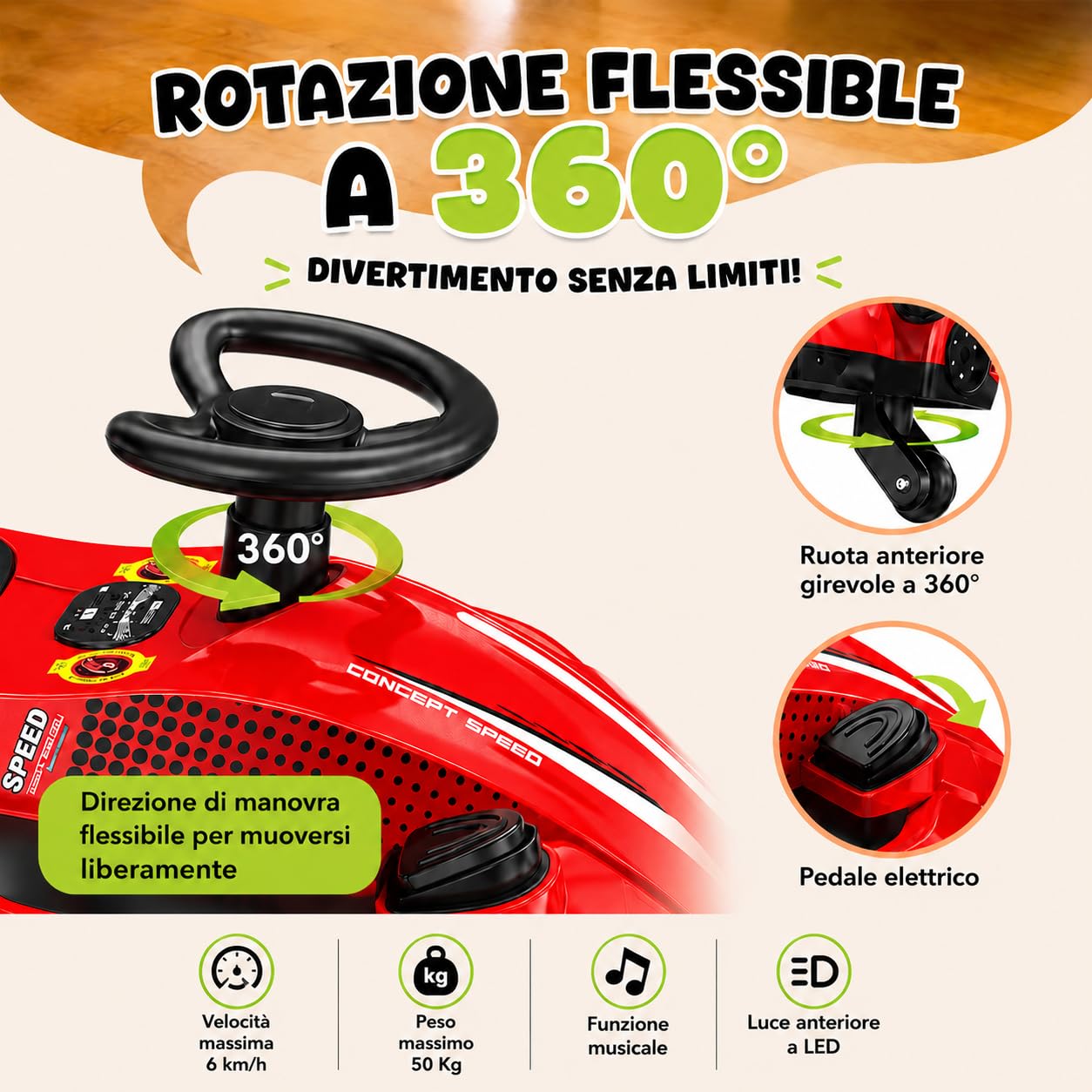 Auto Elettrica Bambini 12V Macchina Vorticar Piroettante 2 in 1 con Sterzo 360° Effetto Fumo Musica Luci LED Pedale Cavalcabile Antiribaltamento per Bambini 3-8 Anni fino a 50 Kg Rosso