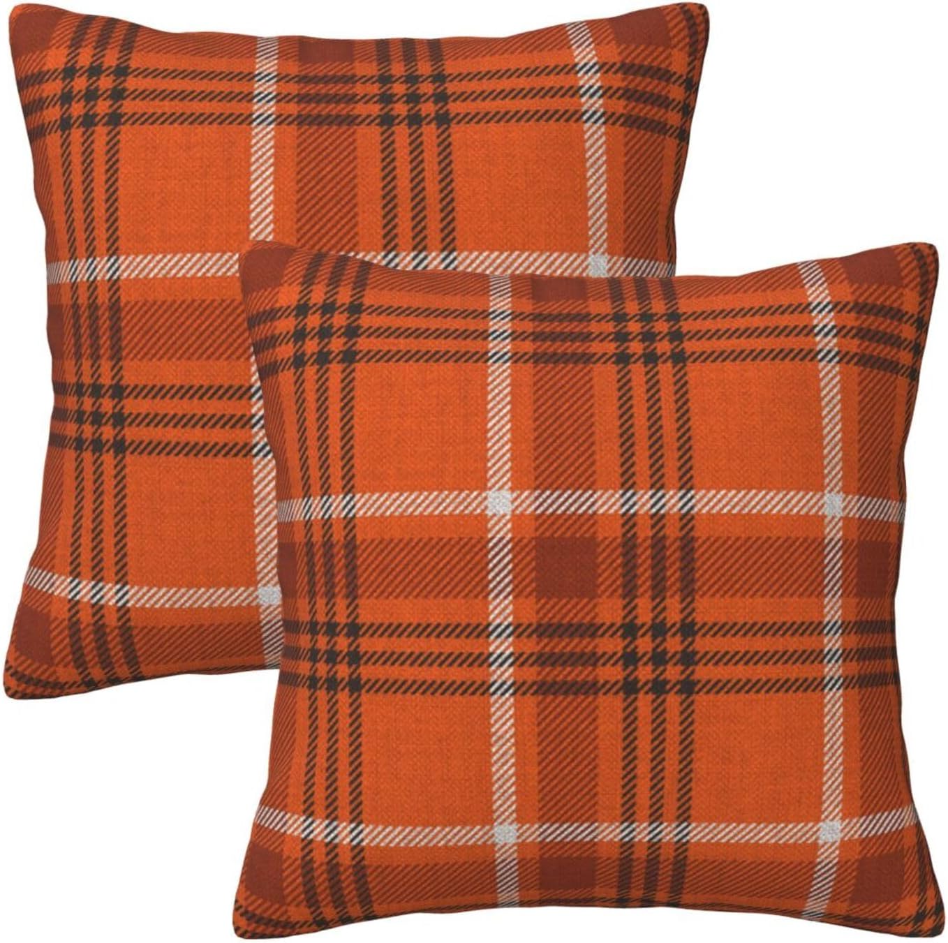 HOSTECCO Orange Plaid Throw Pillow Covers 18x18 inch Set of 2 Fall Fluffy Pillow Cases Boucle Farmhouse Decorative Cushion Covers for Sofa Couch Bed Home