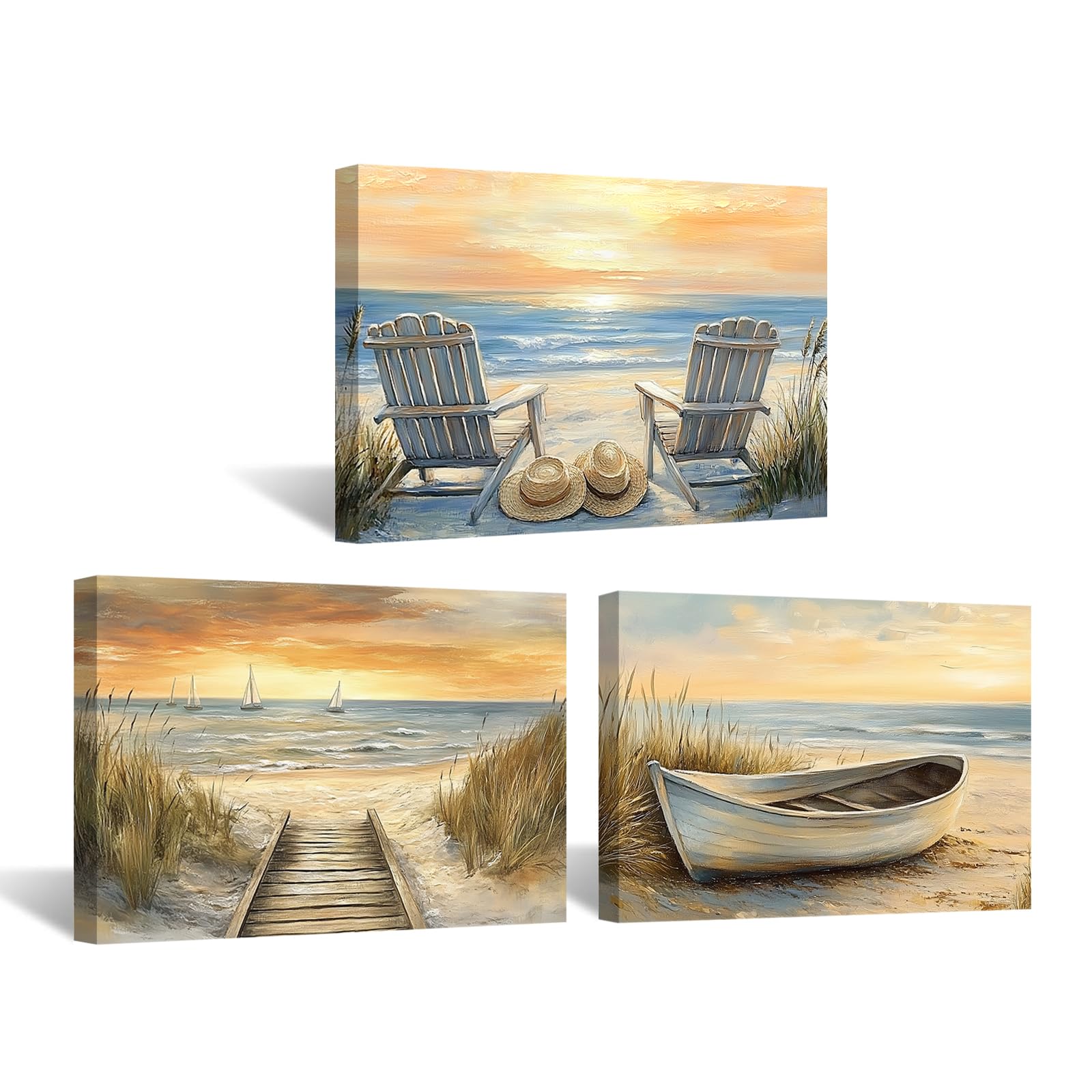 CXHOSTENT Beach Canvas Wall Art 3 Pieces Coastal Pictures Ocean Seascape Art Prints Nature Landscape Nautical Paintings for Bathroom Decor Framed (Brown, 16x24inchx3 Pieces)