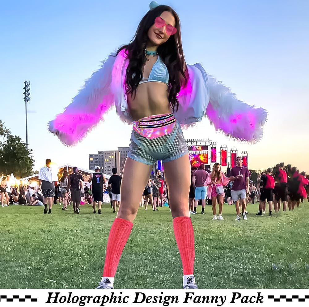 Holographic Fanny Packs for Women Men,Pink Heart Glasses,Pink Slouch Socks for Women,80s 90s Fanny Pack,Crossbody Fanny Packs for Women,Metallic Color Sport Waistbag,Pink Fanny Pack,Shiny Waist Pack