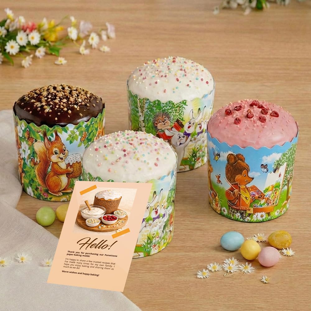 Molde de papel Panettone divertido de 8 onzas – 12 piezas, 9 cm de alto x 9 cm de ancho, moldes redondos para hornear panettone – Moldes redondos para hornear pan de Pascua