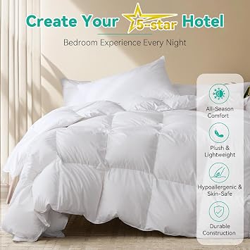 Three Geese King Size Goose Feather Down Fiber Comforter - Ultra Soft All-Season Down Duvet Insert Fluffy Baffle Box Design with 8 Corner Loops for Warmth and Softness.