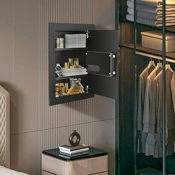 S AFSTAR Wall Safe Box, Electronic Digital Safe Box with Keypad & 2 Emergency Keys, Removable Shelf & LED Lights, Hidden Wall Mounted Safe for Cash Jewelry Document, Flat Safe Box for Home Office