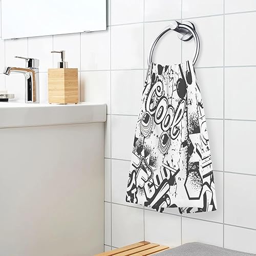 Miniatura 6 de Kigai Juego de 2 toallas de mano con graffiti blanco y negro, altamente absorbentes, de algodón suave, toalla decorativa para baño, para playa,