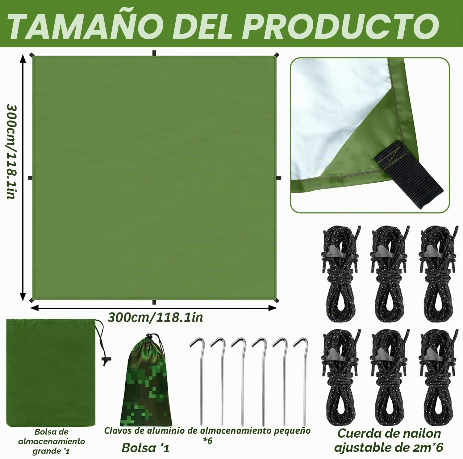 Toldo de Refugio Impermeable 3X3M,Ultraligero y Portátil Toldo Camping, Tienda de Campaña Hamaca Protección UV Anti Desgarro, Ideal para Acampar Senderismo Picnic al Aire Libre, Verde