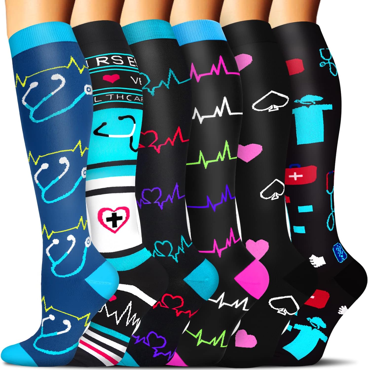 Compression Socks for Women & Men 6 Pairs is Best Supportive Knee High Stockings for Circulation, Travel, Nurses