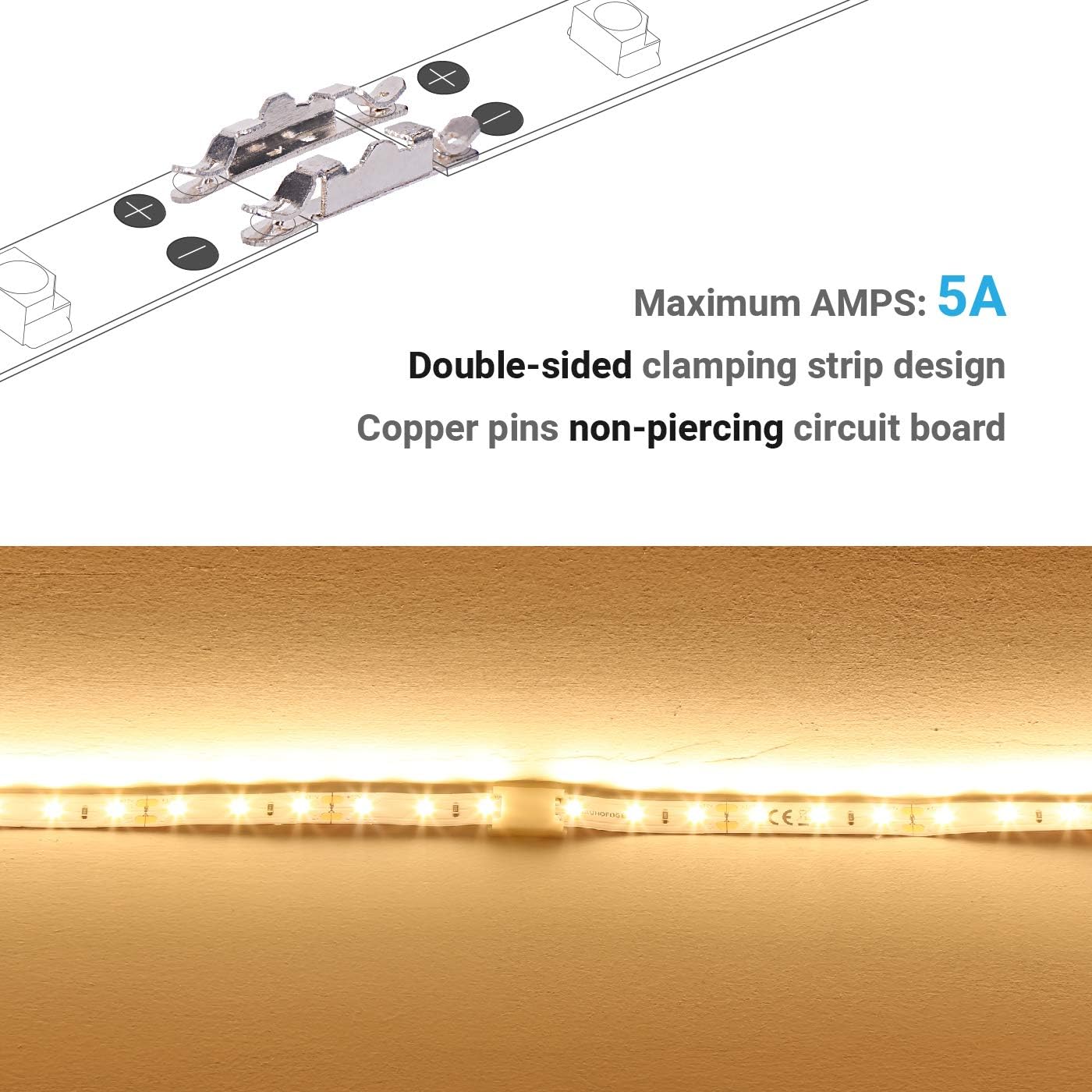 2 Pin 8mm Flex LED Strip Light Connector Solderless Unwired Gapless Snap, Max Amp 5A, Strip to Strip Conductor Clips for 8mm Wide 12V 24V Single Color Tape Light 2835 3528, Pack of 10