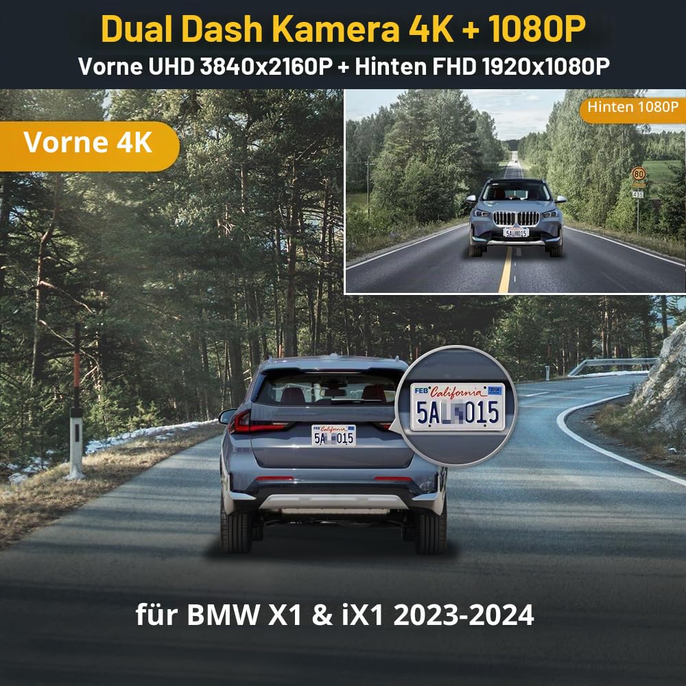 Fitcamx Dashcam Auto Vorne Hinten Geeignet für BMW X1 & iX1 (U11) 2023-2026, Dashcam 4K 2160P+1080P Video WiFi, Loop-Aufnahme, G-Sensor, OEM BMW Zubehör, Plug & Play, WDR Dasch-cam Auto, 128GB-Karte