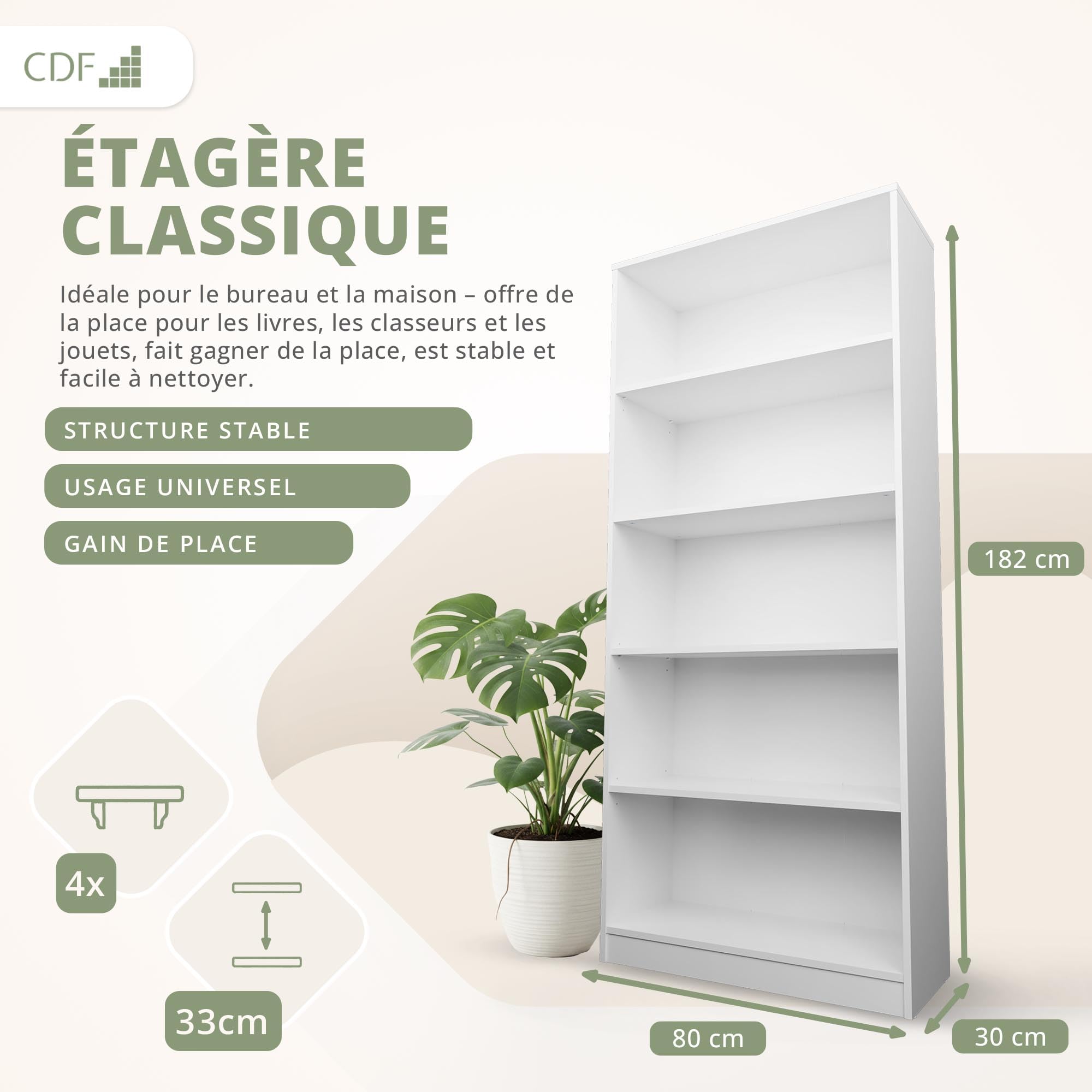 CDF Bibliothèque Ouverte Meuble à Case de Rangement avec Compartiments Colonne pour Bureau Salle à Manger Home Office Salon Livres Dossiers Décoration Chambre Modern Vertical - Blanc 80 cm