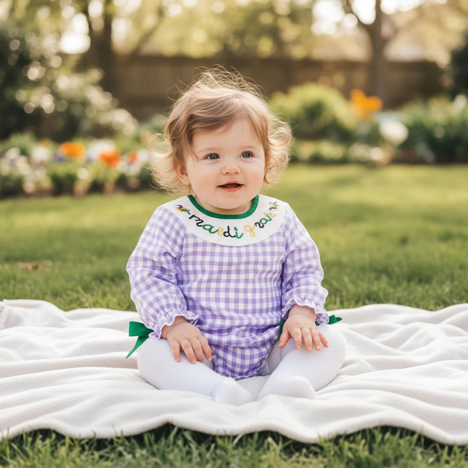 Newborn Baby Girl Mardi Gras Outfit Letter Embroidery Plaid Print Long Sleeve Smocked Bubble Romper Carnival Clothes - Image 2