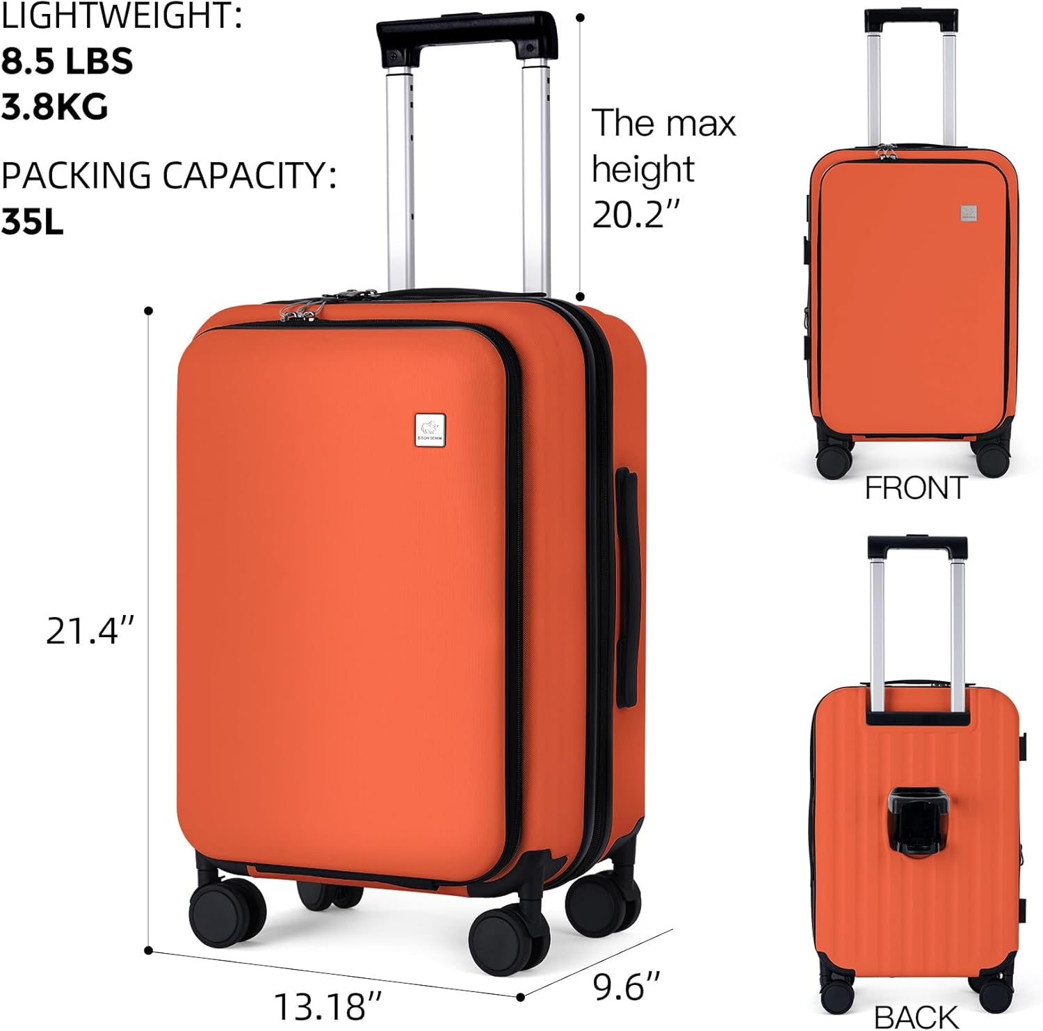 BISON DENIM 20 Inch Carry On Luggage, PC Lightweight Hardside Expandable Carry-On Luggage Airline Approved With Spinner Wheels, Front Compartment, Cup Holde, TSA-approved Lock, USB Port, Orange