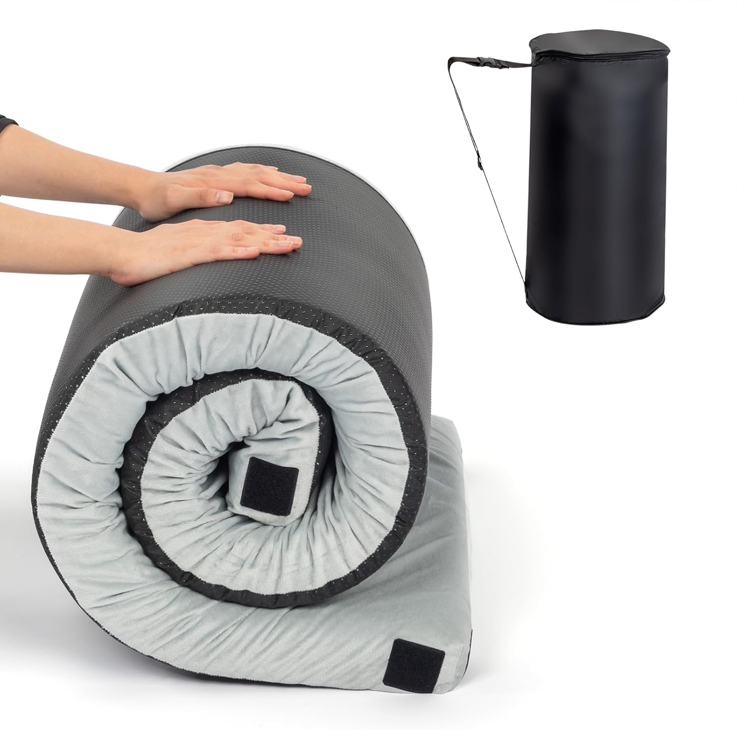 Memory Foam Camping Mattress Pad,Sleeping Floor Mat Portable Roll Up Mattress for Adults,Single Small Camping Bed Pads for Sleeping,Gray Comfortable Guest Bed for Sleepover,Car Bed with Travel Bag