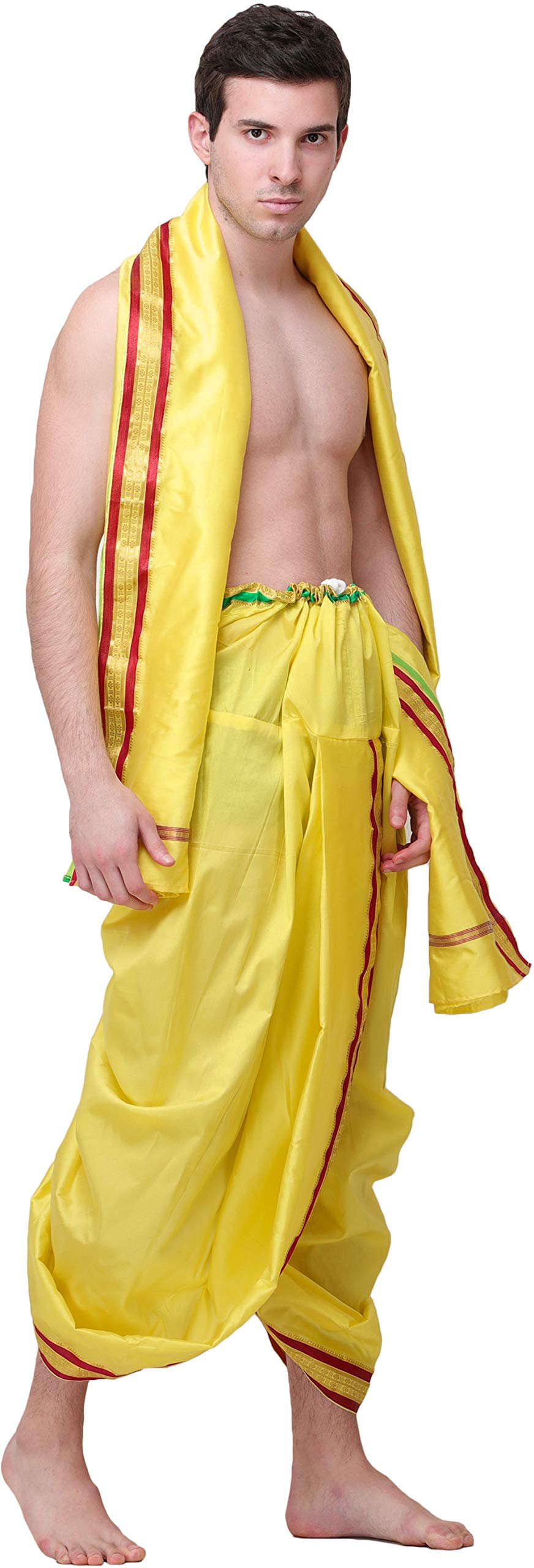 Exotic India Gotowy do noszenia zestaw Dhoti i Angavastram z tkaną złotą obwódką