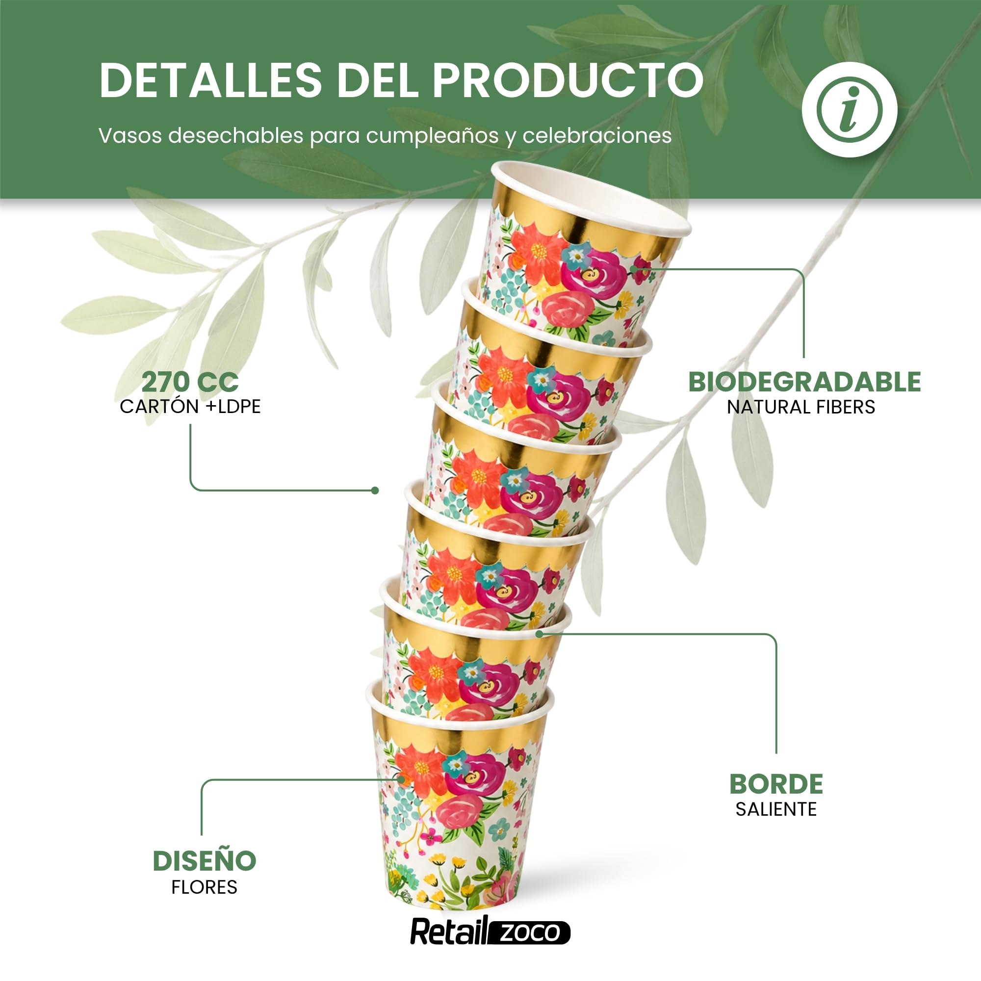 Vasos de cumpleaños, Vasos Desechables cartón, Diseño Floral, 12 Unidades - imagen 2