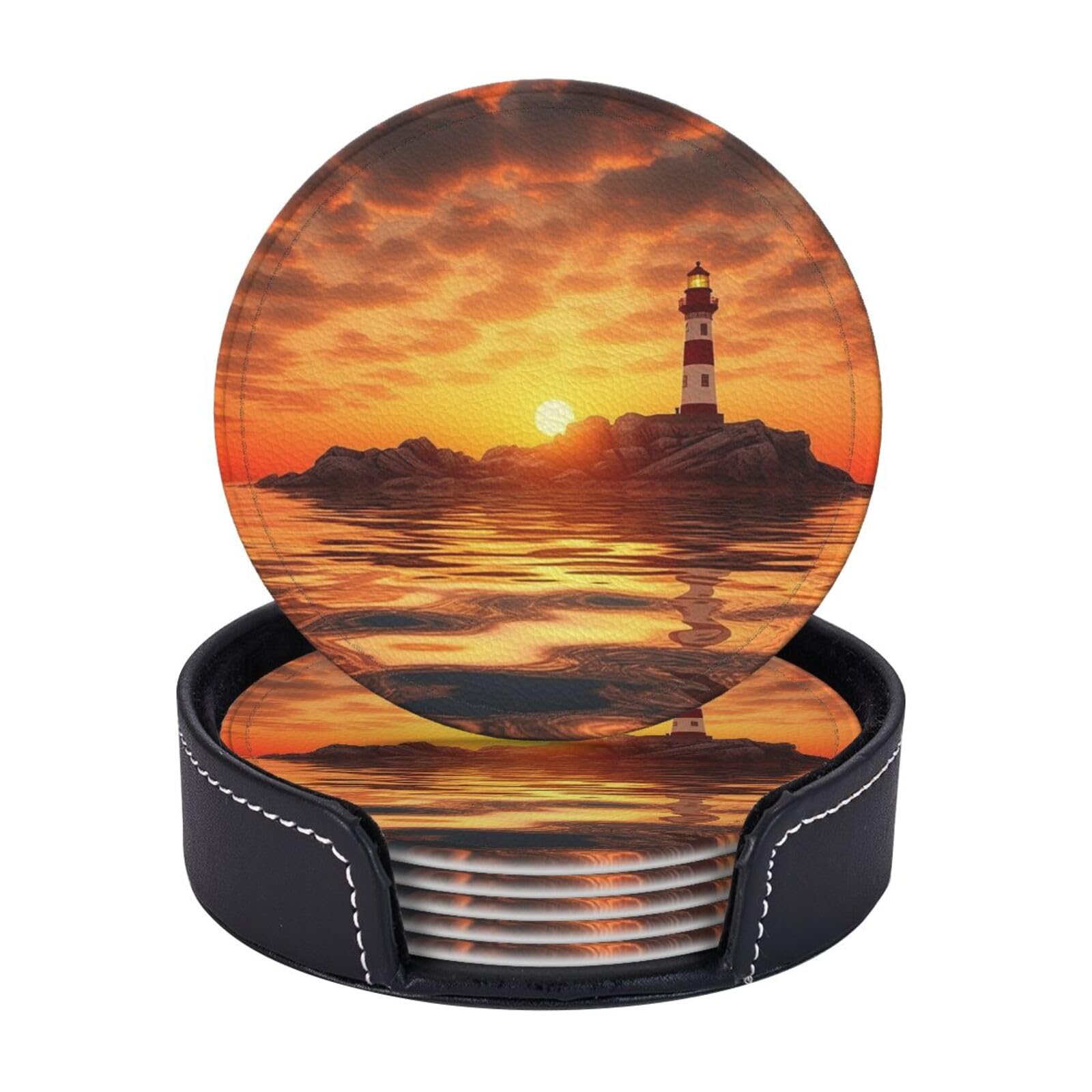6PCS Drink Coasters with Holder, 4" Leather Coasters for Drinks, Sea Lighthouse in Sunset Cup Coasters for Coffee Table Decor, Non-Slip Drinking Cup Mat for Hot or Cold Drink