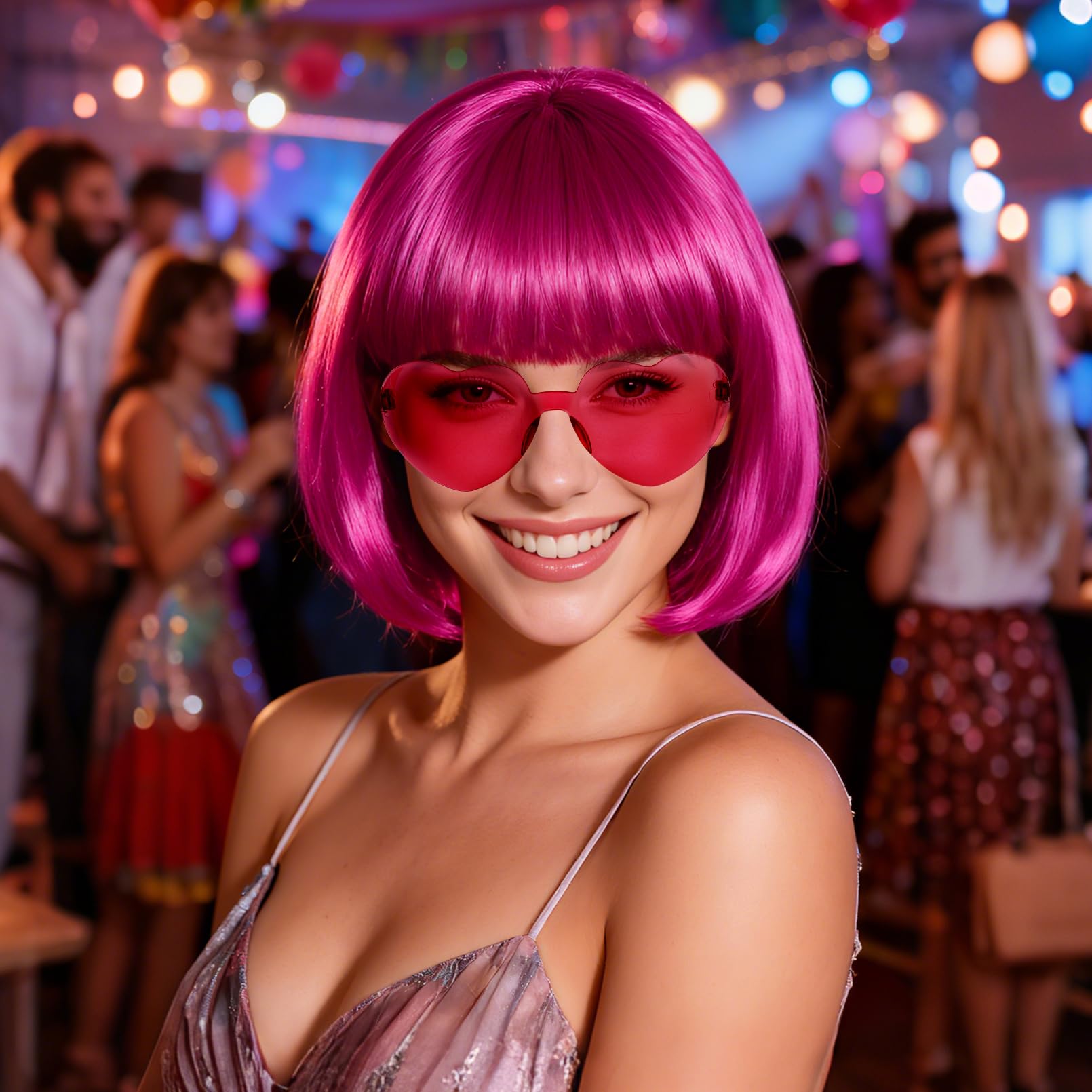 Bob Wig and Sunglass Set Party Wigs Hair Wigs for Women Wig Caps for Halloween Costume Cosplay Party (Hot Pink) - Image 3