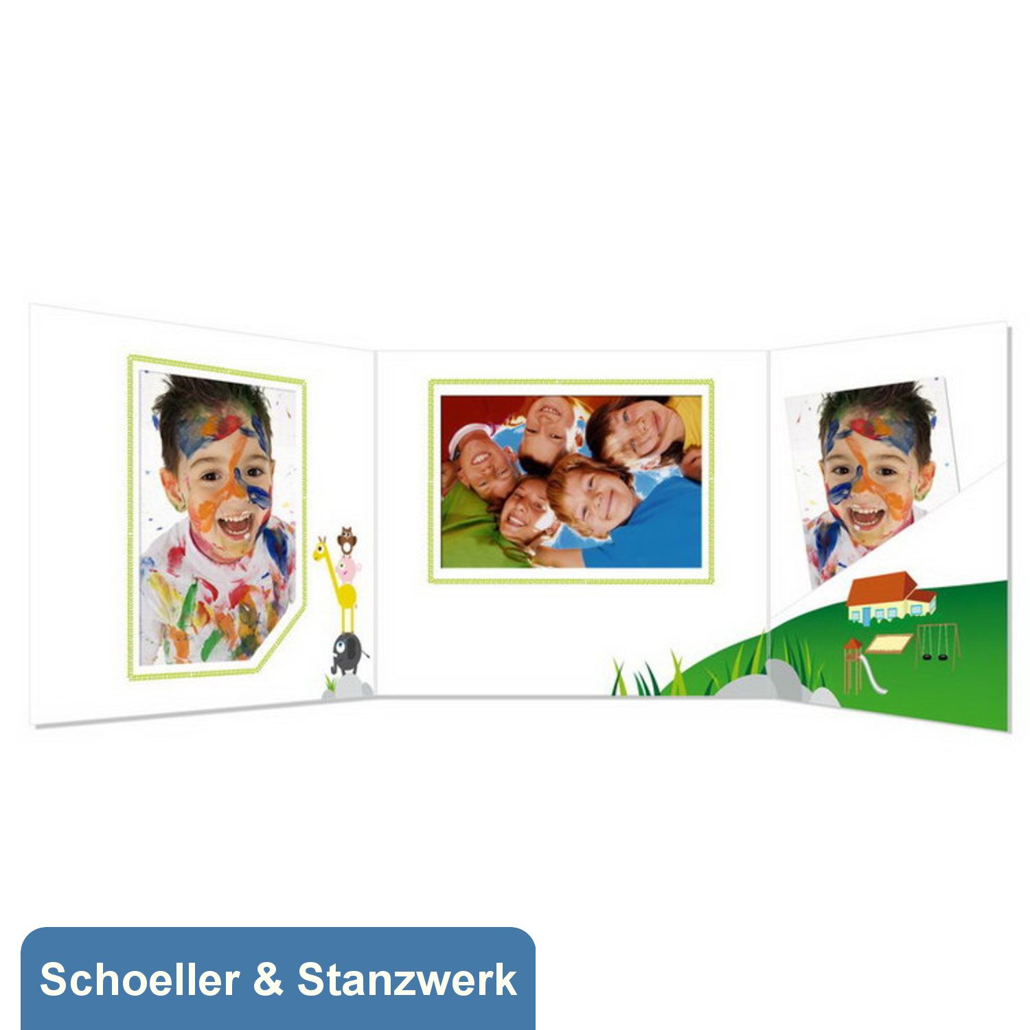Schoeller & Stanzwerk© - 25 Stück 3-teilige Kindergarten- / Schulfotomappe für 13x18 cm Fotos - mit farbigem Druck"Musikanten"
