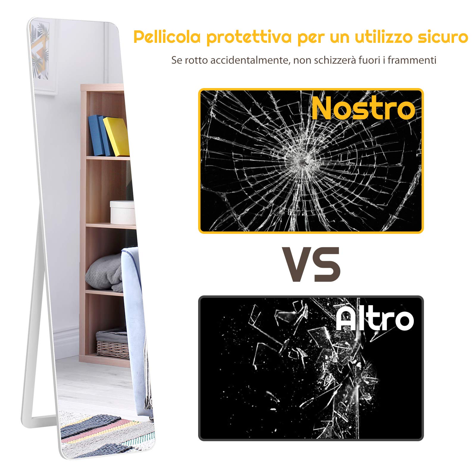 COSTWAY Specchiera da Terra Autoportante a Figura Intera, Specchio Rettangolare, Angolo Regolabile, 2 Metodi di Installazione, Bianco 160x37cm