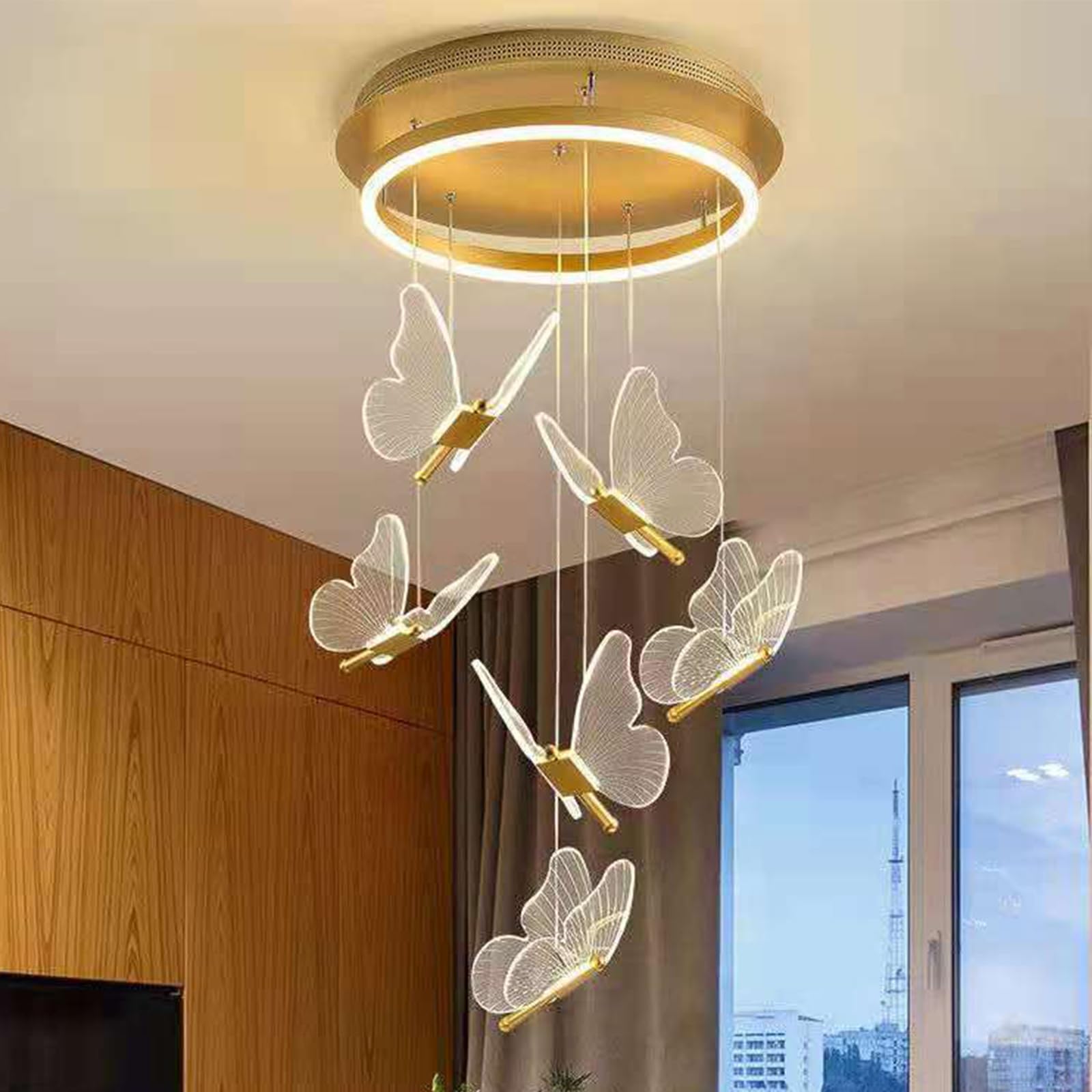 KXEcoLife Light Luxury Staircase Long Chandelier Nordic Butterfly Rotating Villa Loft Duplex Apartment High Rise Lobby Chandelier,6 Heads