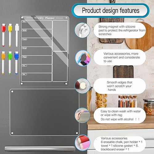Miniatura 2 de 2 planificadores semanales de acrílico de 9 x 13 pulgadas para refrigerador, tablero de menús magnético de acrílico para cocina, calendario semanal