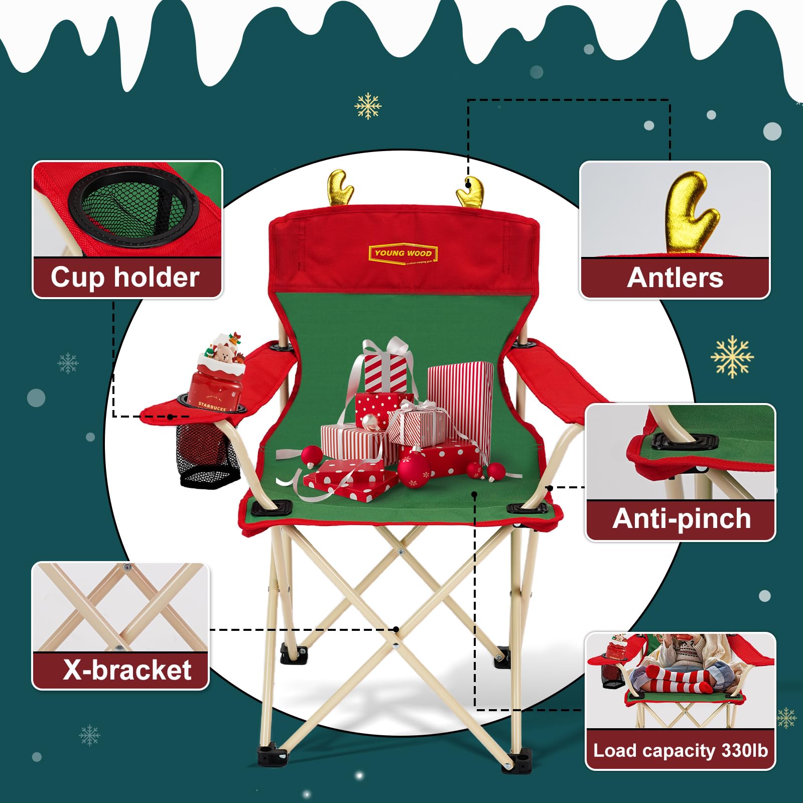 YOUNG WOOD Portable Camping Chair Beach Chair Outdoor Foldable Chair, Included Mesh Cup Holder & Safety Lock to Avoid Pinch Hand, Suitable for Christmas, Camp, Party, with Carrying Bag, Ages 2 to 7