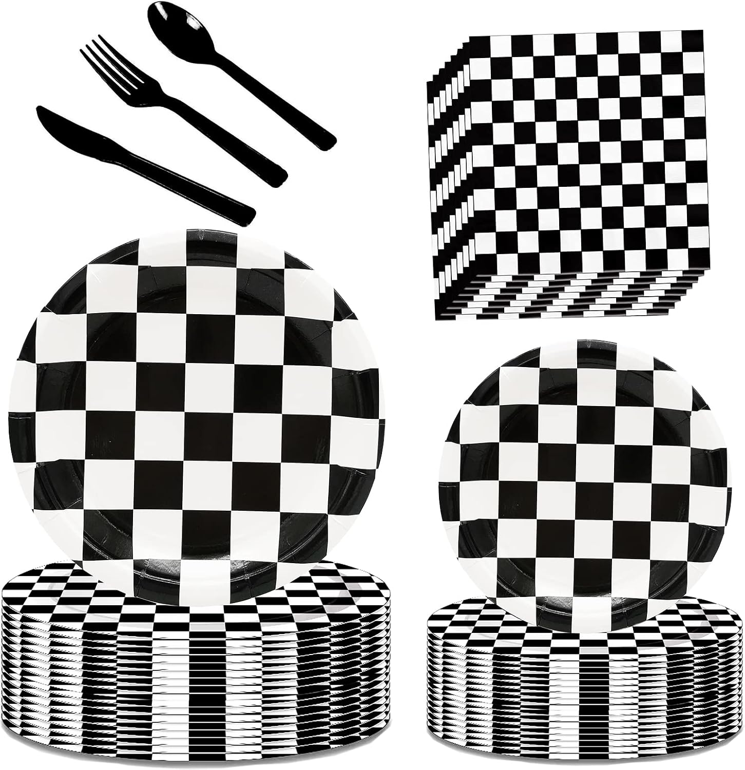 Black and White Checkered Race Car Party Supplies 150Pcs,Racing Party Tableware Set 9"& 7"Checkered Plates and Checkered Flag Napkins Knives Forks Spoons for Race Car Themed Birthday Party Decorations