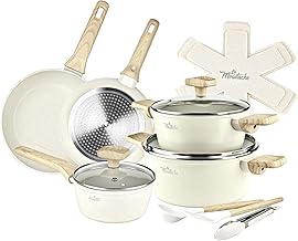 La Moustache - Topfsets Pfannenset【14 Teilig】Antihaft-Aluminium + Spatel, Schöpflöffel, Zange und Schutzmatten | 3 Töpfe (Ø16/20/24 cm), 3 Deckel und 2 Pfannen (Ø20/24 cm) für alle Herdarten (Latte)
