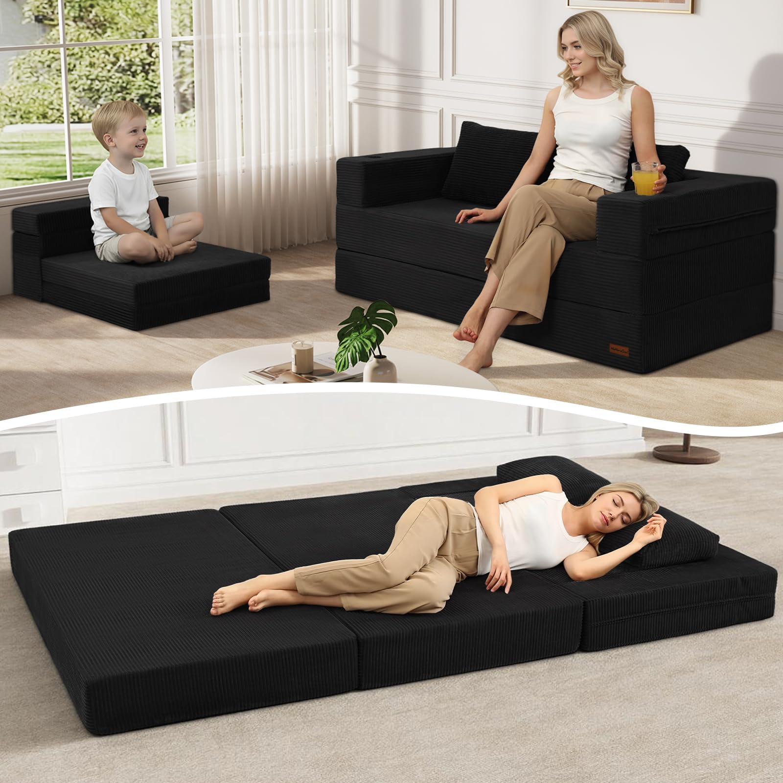 MeMoreCool Convertible Futon Sofa Bed, Folding Corduroy Boneless Loveseat Couch with 2 Pillows, Converts to Floor Mattress, Upholstered Sectional for Small Spaces & Guest Bedroom, Black
