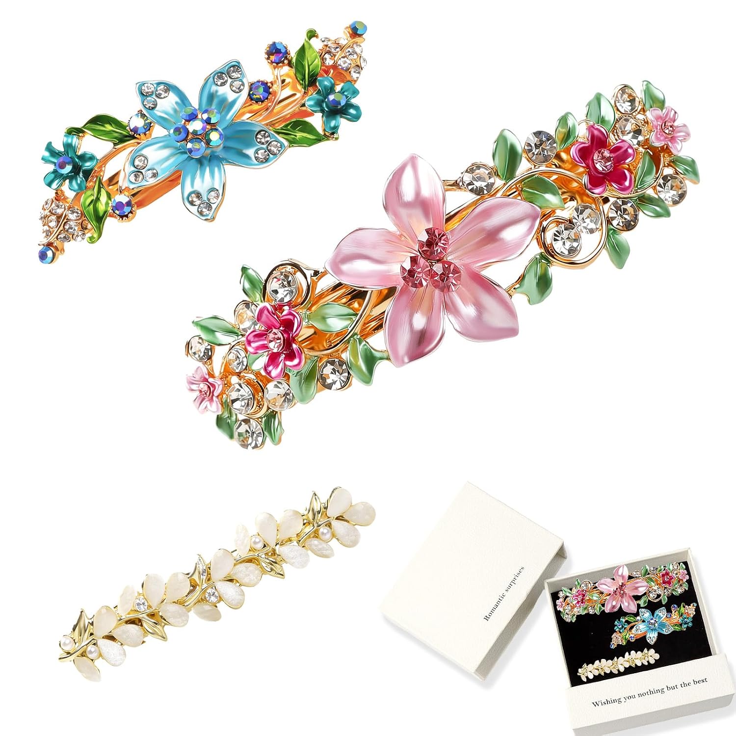 3PCS Flower Hair Clips Gift Set for Women Vintage Rhinestone Barrettes for Thin Thick Hair French Barrettes Hair Clasps Accessories for Women Girls Teen Girl Birthday Gifts