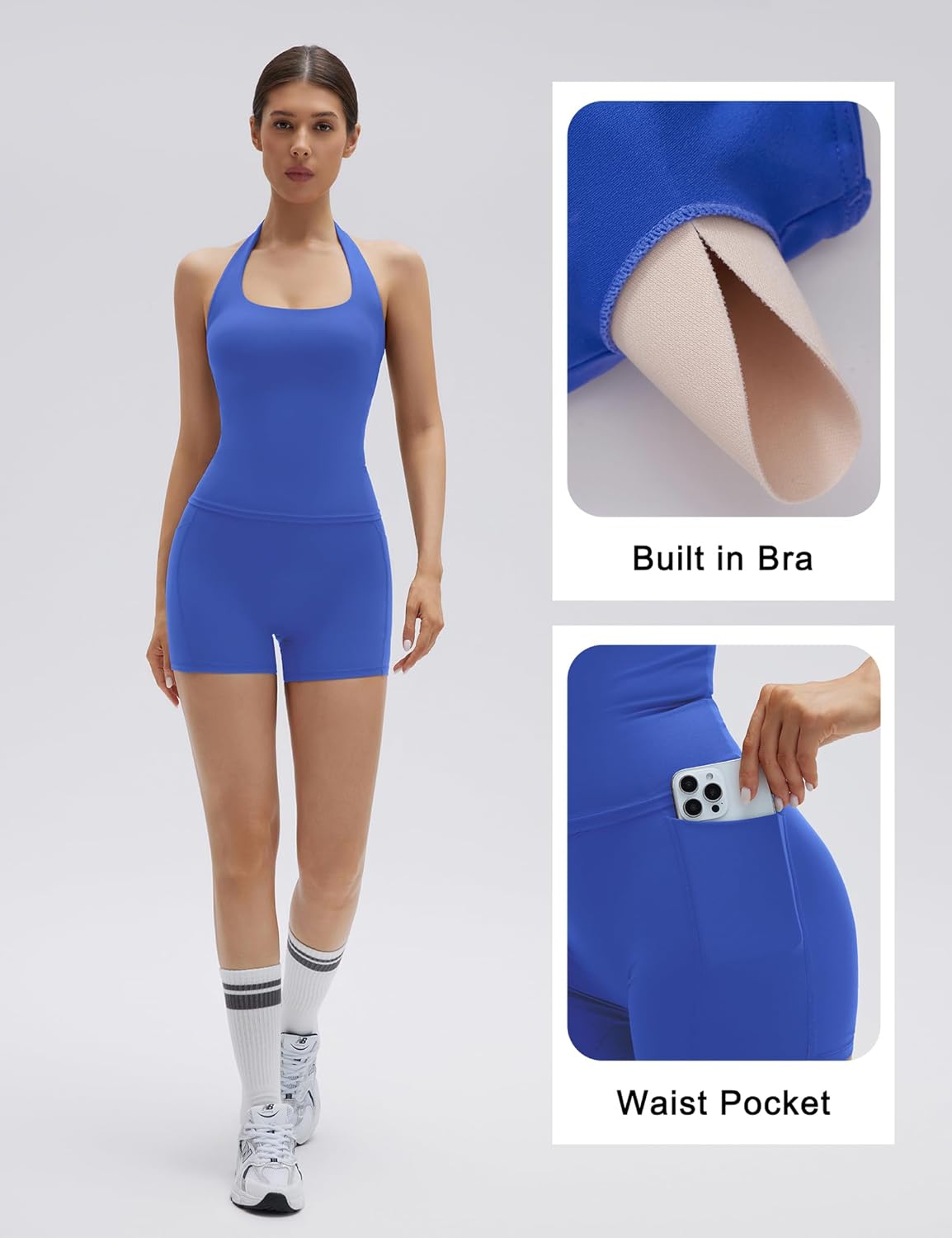 SUUKSESS Women 2 Piece Workout Sets Halter Neck Padded Yoga Tank Tops High Waisted Biker Shorts with Pockets - Image 2