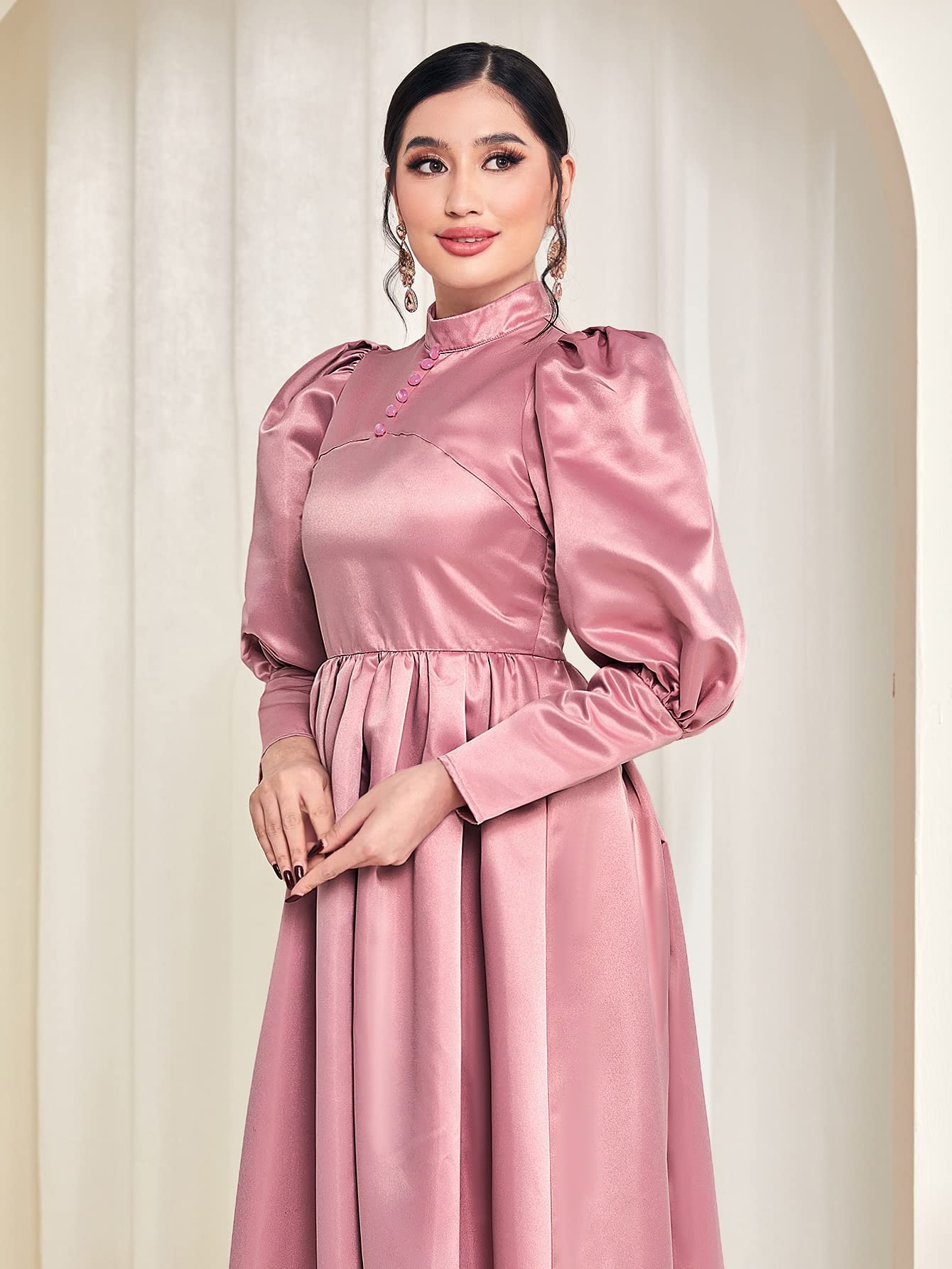 Amazon.com: Women's Dress Gigot Sleeve Mock Neck Satin Dress