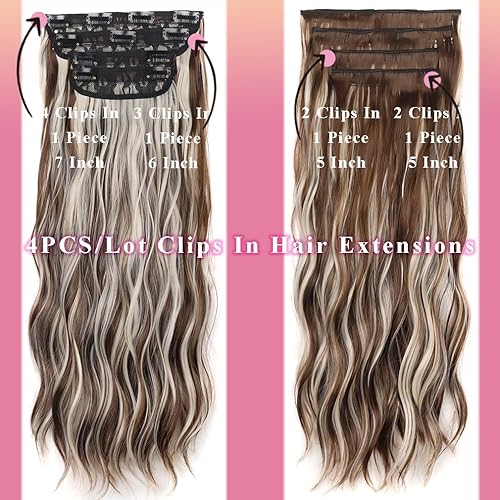 Miniatura 2 de Extensiones de cabello sintético con clips, largo y ondulado de 20 pulgadas, 4 piezas con clip, doble trama para mujer (20 pulgadas, mezcla de