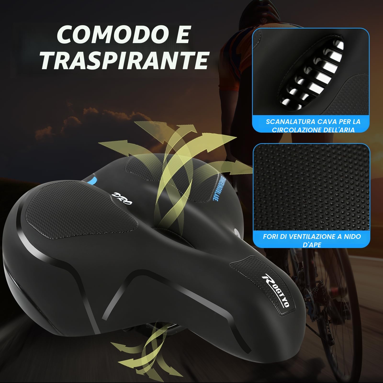 Sella per bicicletta in gel Pro 2.0, larga, morbida, confortevole, traspirante, ammortizzante, ergonomica, in memory foam, impermeabile