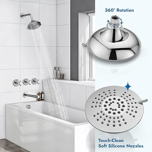 Miniatura 5 de Cinwiny Juego de grifo de baño cromado pulido para bañera y ducha, montaje en pared, 3 asas, kit de ducha con boquilla de bañera de 6 pulgadas, 5