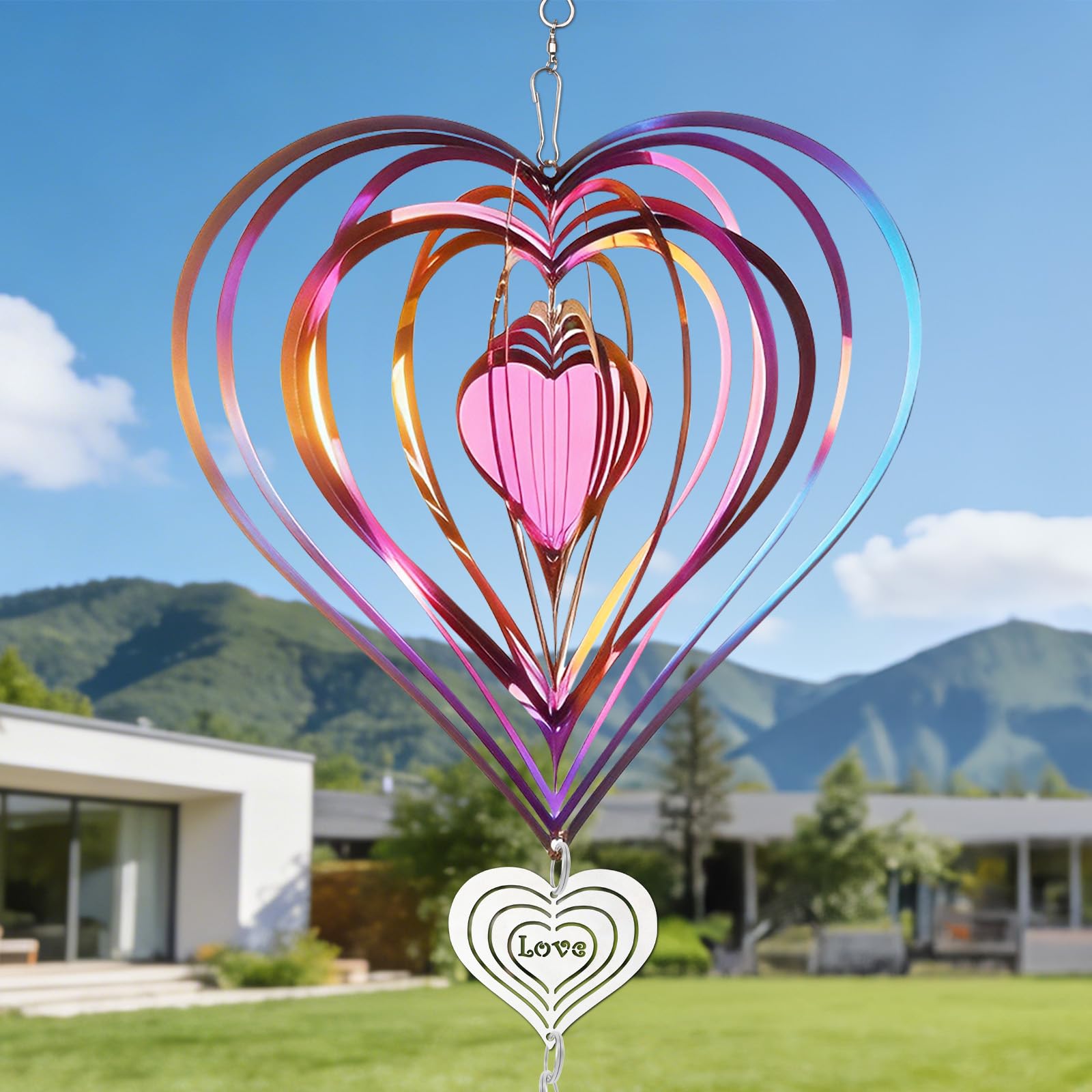 Girandola in Metallo 3D a Forma di Cuore, Carillon Eolico e Spinner Colorato – Scacciapensieri da Esterno Resistente alle Intemperie per Giardino, Balcone e Terrazzo (Multicolore)