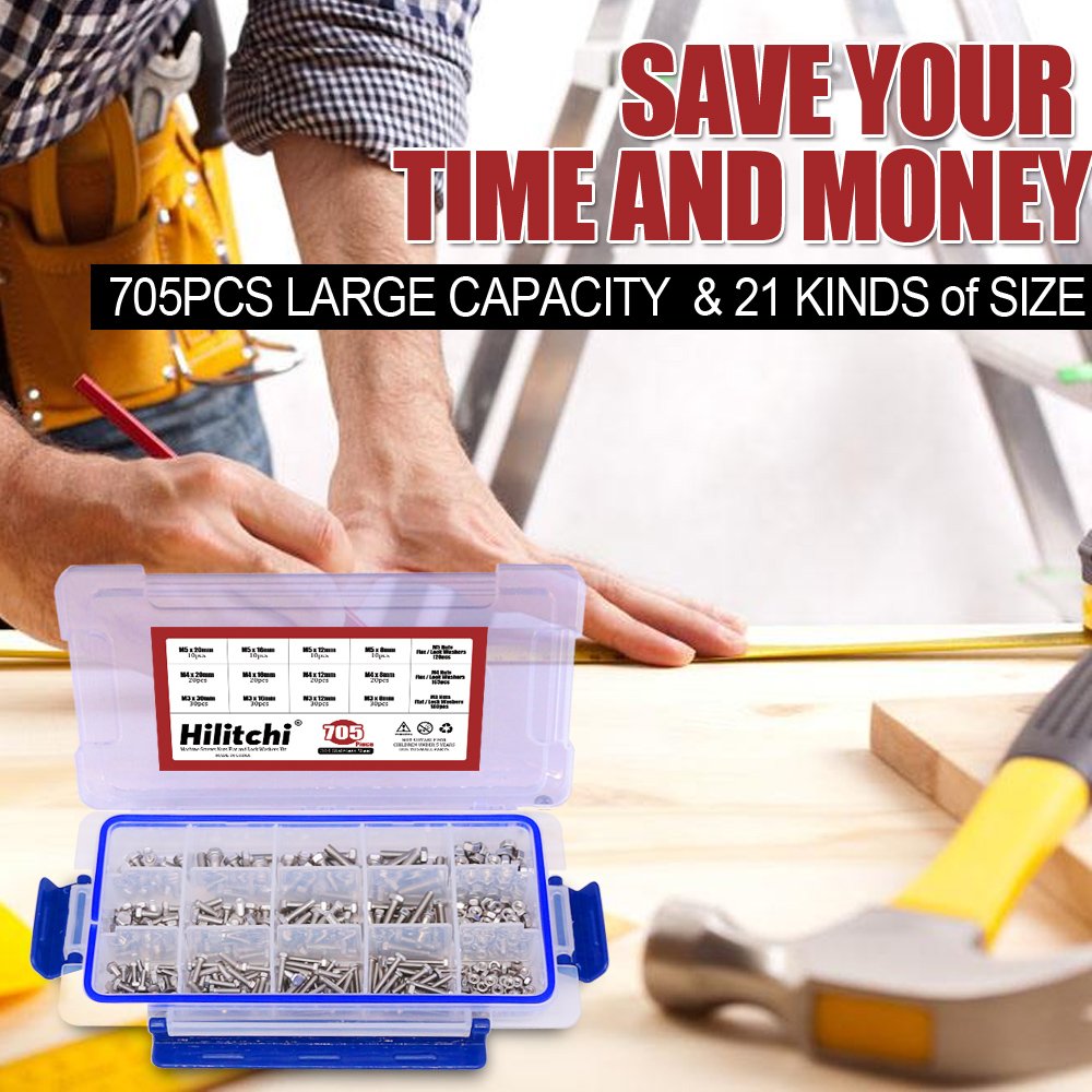 Hilitchi 705-Pcs M3 M4 M5 Hex Hexagon Head Cap Machine Screws Bolts Nuts Flat and Lock Washers Assortment Kit, 304 Stainless Steel, 8 to 20mm Length, Full Thread