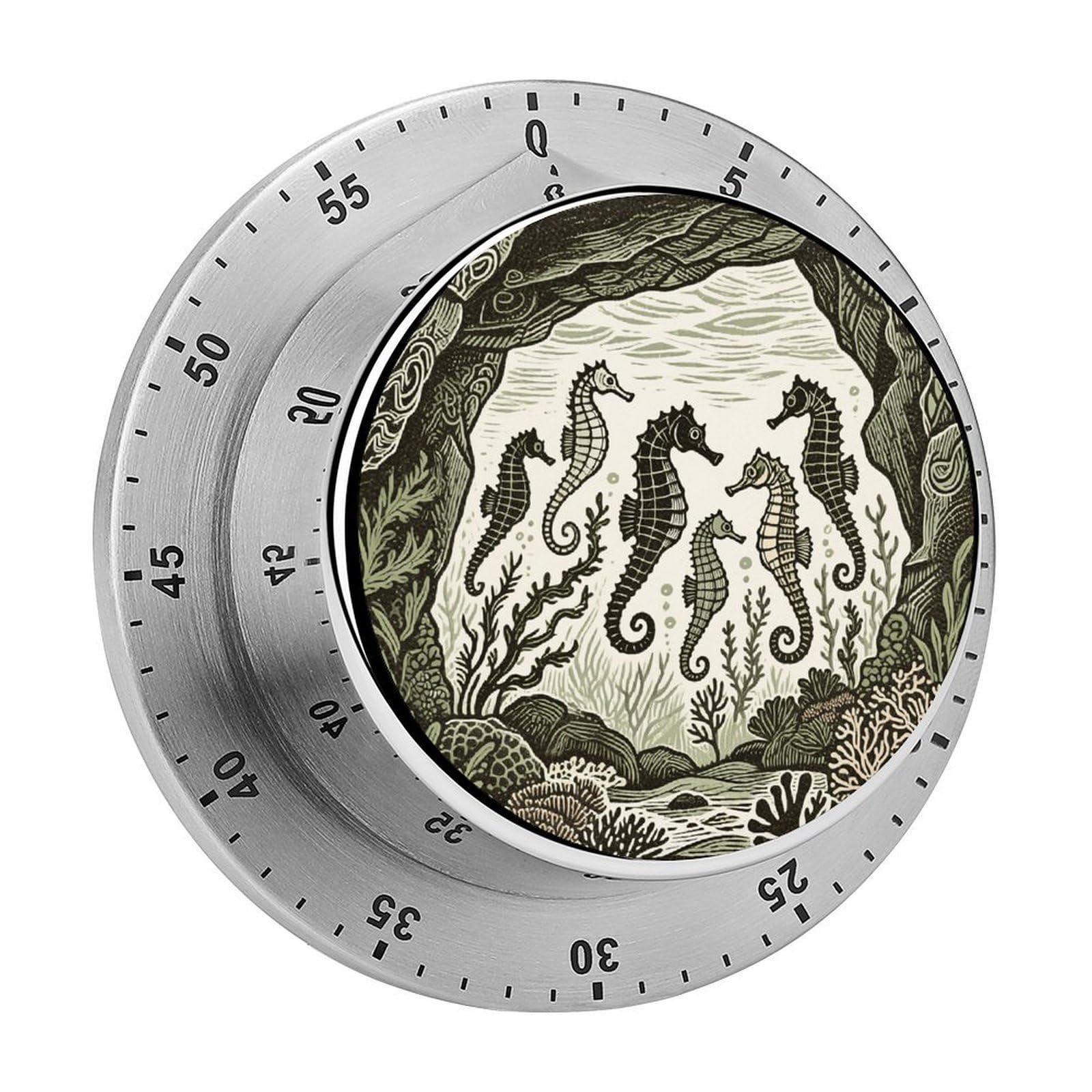 Seahorses in Seafloor Cave Timer Exquisite Stainless Steel Body Mechanical Desk Timers 60 Minutes Visual Countdown Timers with Magnetic Backing Loud Alarm Kitchen Timer for Cooking