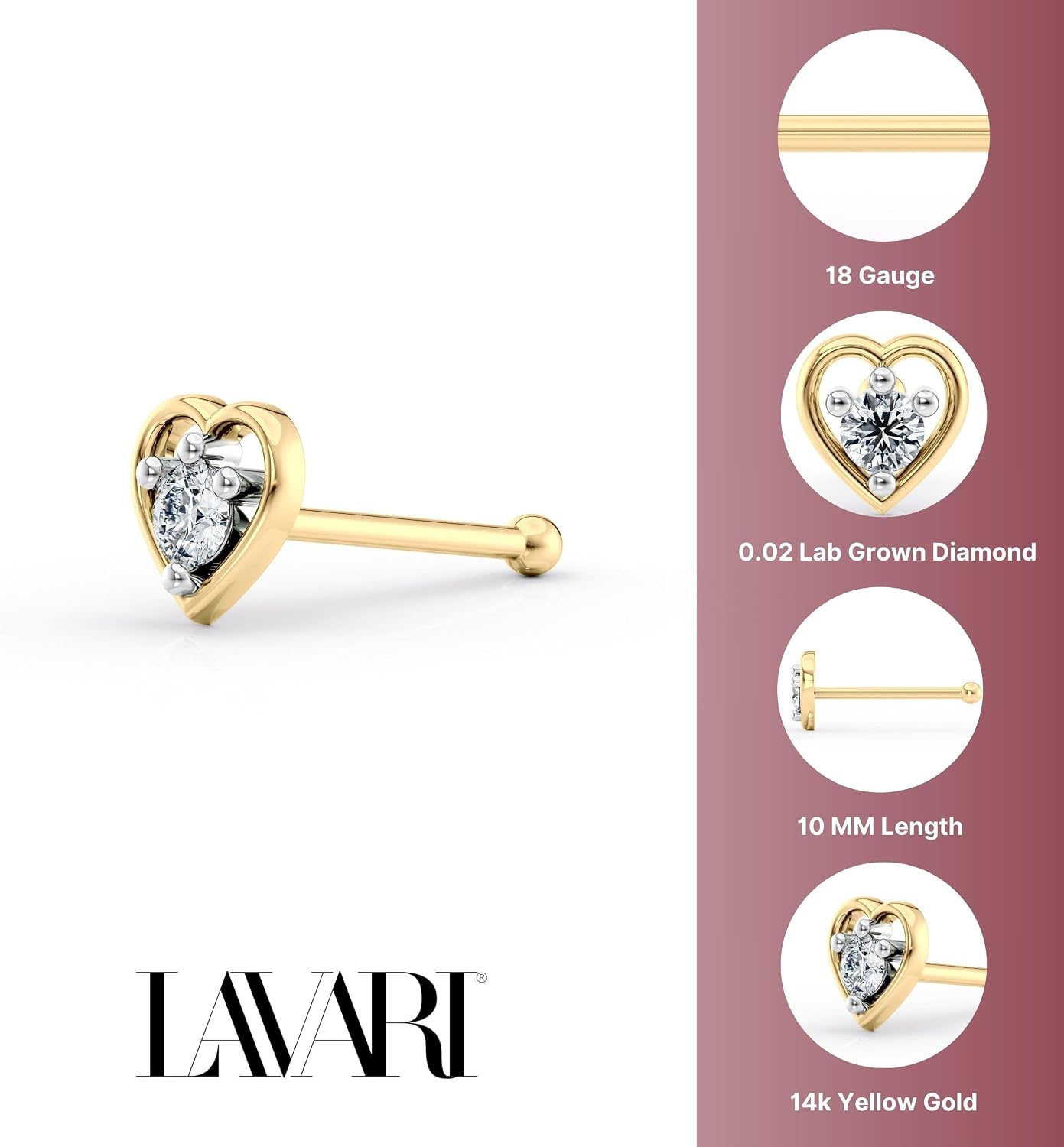 Lavari Jewelers 18 Gauge 0.02 Carat Lab Grown Diamond Straight Bone Nose Stud for Women I 14k Yellow Gold Heart Nose Ring I Unisex Hypoallergenic Diamond Nostril Piercing Jewelry I 18G Body Piercing