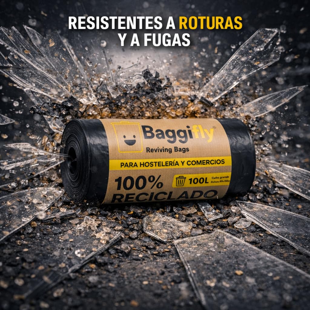 Baggifly, Bolsas de Basura 100L, 120 Bolsas Súper Resistentes, 100% Recicladas, ECO Friendly, Hostelería, Comercios y Jardinería, Pack 12 x 10, Fabricado en España