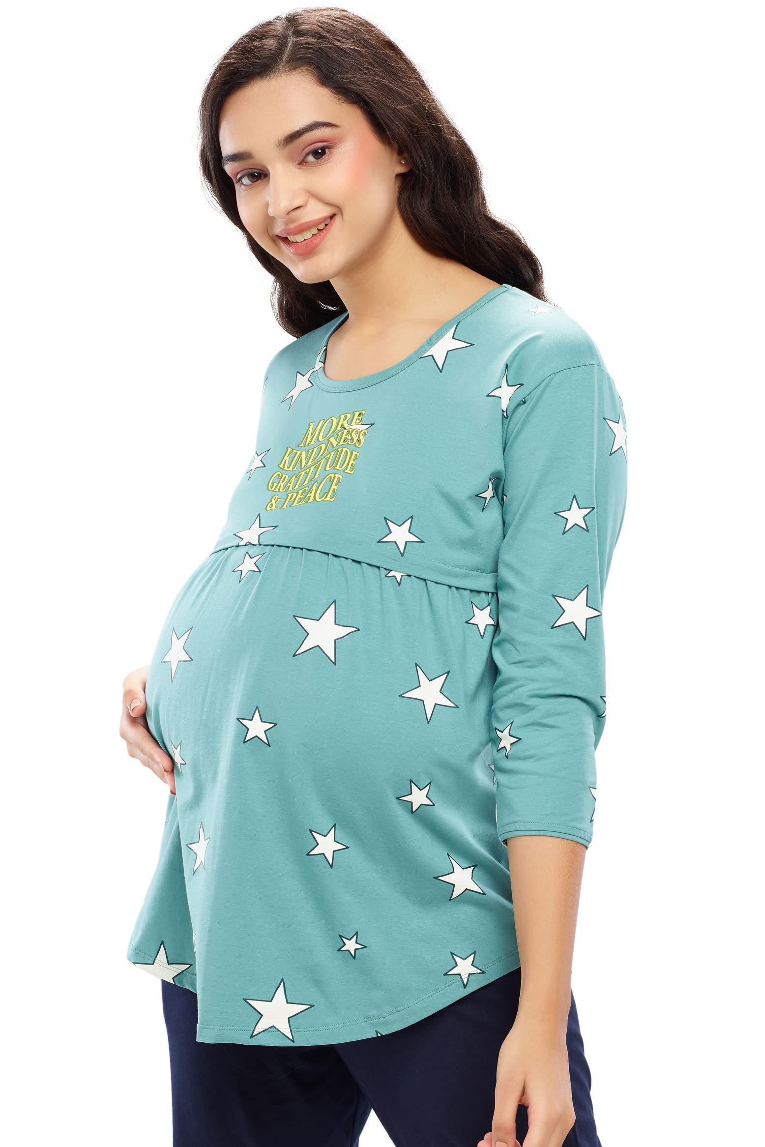 ZEYO Women's Cotton Star Printed Sea Green Maternity & Feeding Top 5645 3