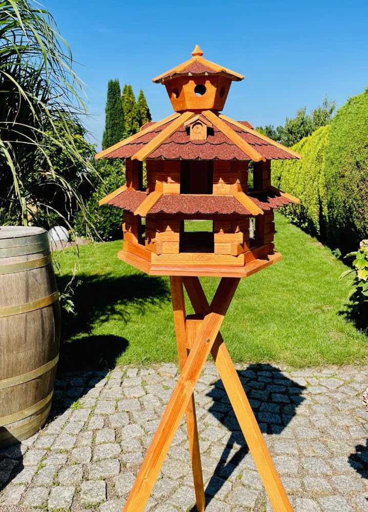 Vogelvilla wetterfest von L bis XXL Futterhaus Vogelhaus mit oder ohne Ständer in Braun mit Rot, Grün oder Blau für Garten und Balkon (Größe XXL mit Ständer, Rot - Braun)