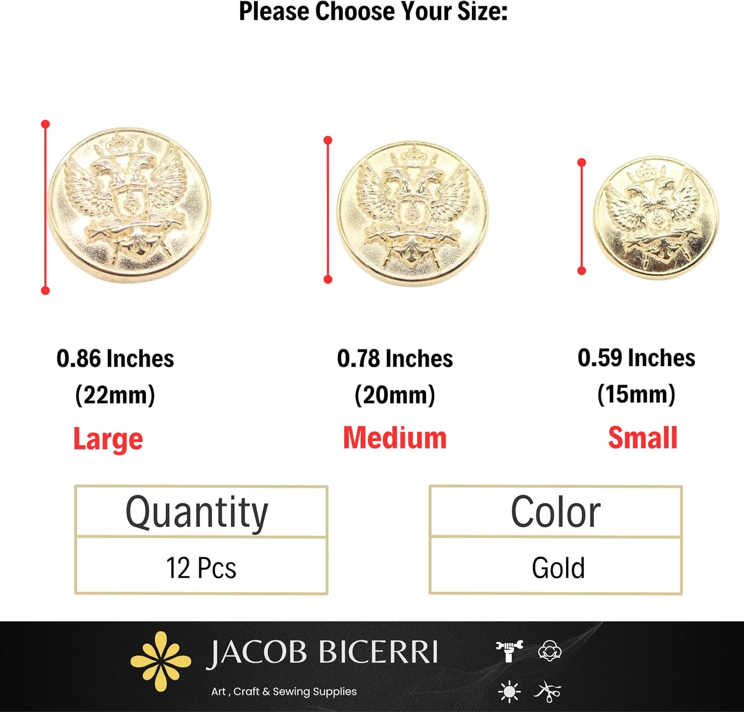 Gold Metal Shank Buttons - 12 Pcs - 3 Size Options - Twin Eagle Round Metal Shank Buttons for Men Women Blazer Coat Uniform Shirt Suit and Jacket Sewing Craft DIY N3402 image 2